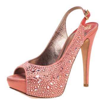 Pre Owned Gina Pink Satin Crystal Embellished Platform Peep Toe Slingback Sandals Size 37.5