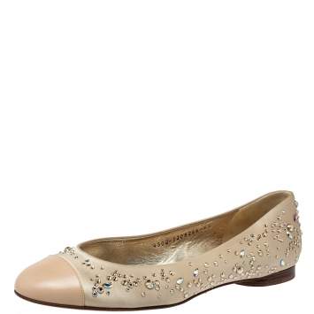 Pre Owned Gina Beige Satin And Leather Crystal Embellished Ballet Flats Size 39.5