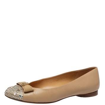 Pre Owned Gina Beige Suede And Leather Crystal Embellished Ballet Flats Size 39.5