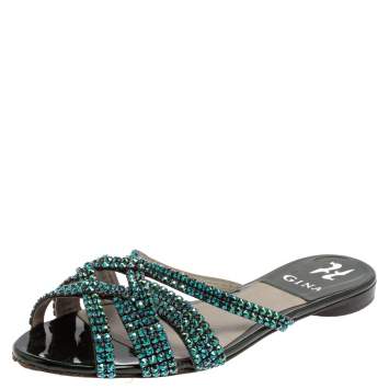Pre Owned Gina Green Leather Olson Crystal Embellished Flats Size 39