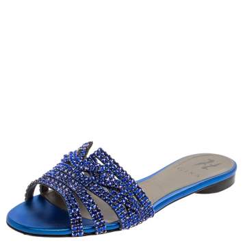 Pre Owned Gina Blue Leather Crystal Embellished Leather Flat Slides Size 39