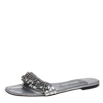 Pre Owned Gina Grey Leather Crystal Embellished Thong Flat Slides Size 38.5