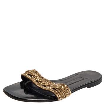Pre Owned Gina Black/Gold Crystal Embellished Thong Flat Sandals Size 39.5
