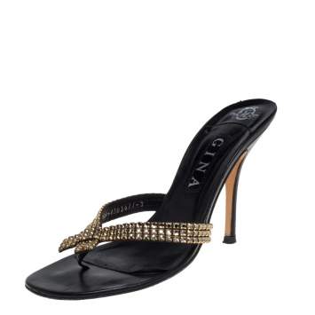 Pre Owned Gina Black/Gold Leather Crystal Embellished Thong Slide Sandals Size 40