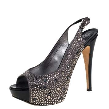 Pre Owned Gina Grey Satin Crystal Embellished Peep Toe Platform Slingback Sandals Size 37.5