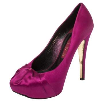 Pre Owned Gina Purple Satin Clair Hoodie Platform Pumps Size 38.5