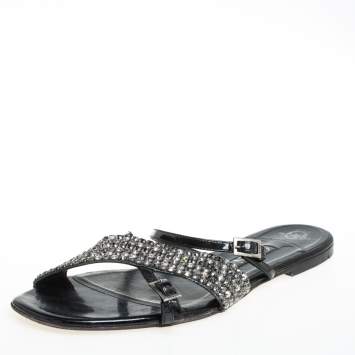Pre Owned Gina Black Patent Leather Embellished Strappy Flat Sandals Size 39 