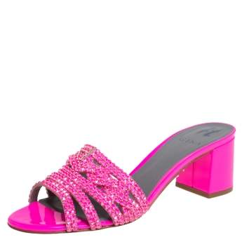 Pre Owned Gina Pink Crystal Embellished Leather Block Heel Slide Sandals Size 40
