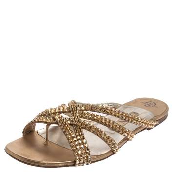 Pre Owned Gina Gold Leather Crystal Embellished Flat Slides Size 38.5