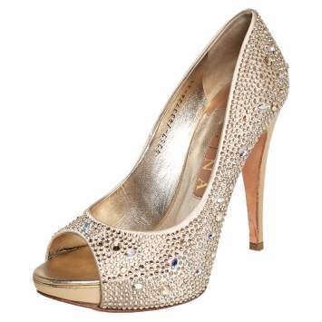 Pre Owned Gina Gold Satin Peep toe Pumps Size 38.5