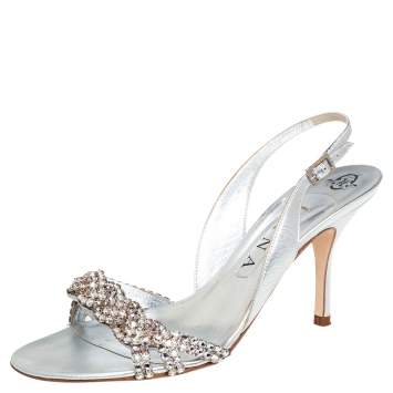 Pre Owned Gina Silver Swarovski Crystal Embellished Leather Naomi Slingback Sandals Size 39
