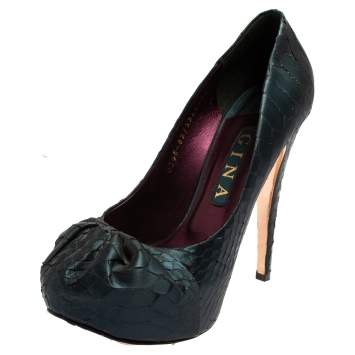 Pre Owned Gina Blue Python Embossed Leather Elle Platform Pumps Size 38.5