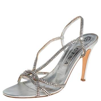 Pre Owned Gina Metallic Silver Leather Crystal Embellished Slingback Sandals Size 41