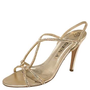 Pre Owned Gina Gold Crystal Embellished Leather Strappy Slingback Sandals Size 40