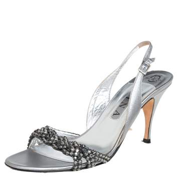 Pre Owned Gina Metallic Sliver Leather Crystal Embellished Slingback Sandals Size 40.5