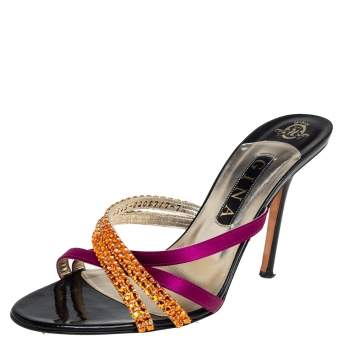 Pre Owned Gina Multicolor Satin And Leather Crystal Embellished Cross Sandals Size 40.5