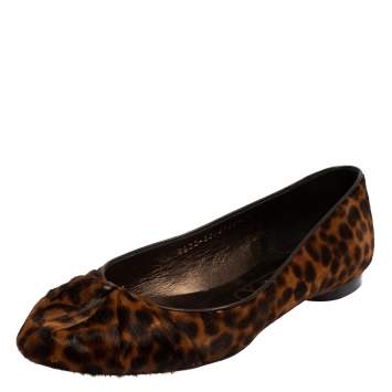Pre Owned Gina Brown Leopard Print Fur And Leather Ballet Flats Size 38.5