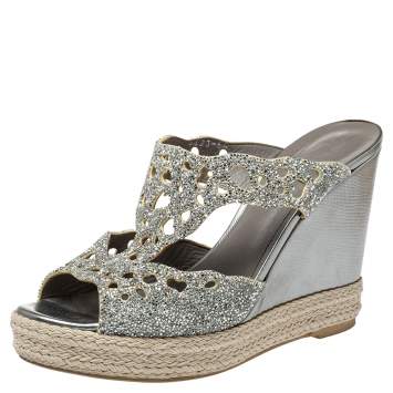 Pre Owned Gina Silver Glitter Wedge Platform Sandals Size 38