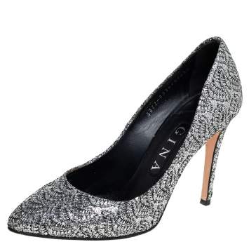 Pre Owned Gina Metallic Silver Lurex And Glitter Slip On Pumps Size 38.5