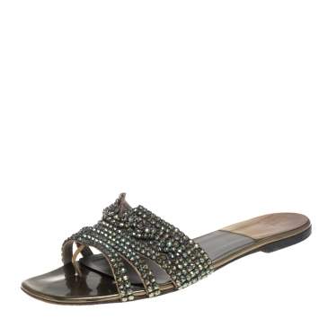 Pre Owned Gina Metallic Green Leather Crystal Embellished Flats Size 41