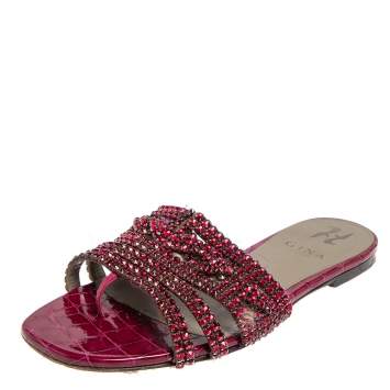 Pre Owned Gina Pink Leather Crystal Embellished Flat Slide Sandals Size 38