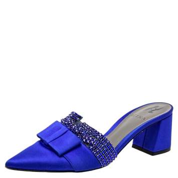 Pre Owned Gina Blue Satin Chachki Block Heel Mules Size 38