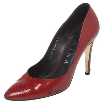 Pre Owned Gina Red Glossy Lizard Embossed Leather Pointed Toe Pumps Size 38