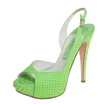 Pre Owned Gina Green Python Embossed Leather Peep Toe Platform Slingback Sandals Size 38