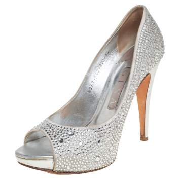 Pre Owned Gina Silver Satin Crystal Embellished Peep Toe Platform Pumps Size 38.5