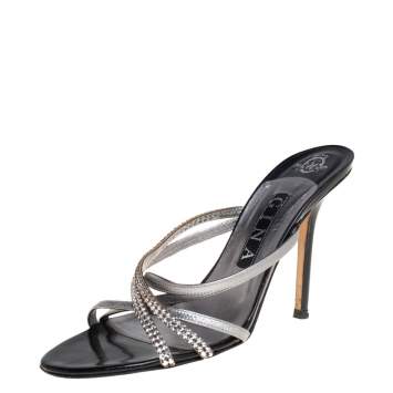 Pre Owned Gina Silver/Black Leather Crystal Embellished Strappy Sandals Size 39
