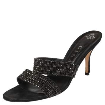 Pre Owned Gina Black Leather Crystal Embellished Slide Sandals Size 41