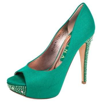 Pre Owned Gina Green Canvas Crystal Embellished Heel Peep Toe Platform Pumps Size 38.5