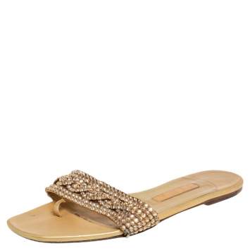 Pre Owned Gina Gold Leather Crystal Embellished Thong Flat Slides Size 39.5