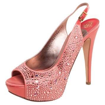 Pre Owned Gina Peach Satin Crystal Embellished Platform Peep Toe Slingback Sandals Size 38.5