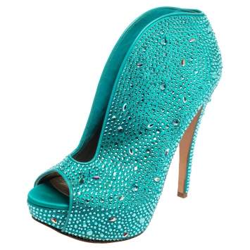 Pre Owned Gina Blue Satin Crystal Embellished Calamity Boots Size 38.5