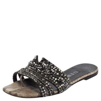 Pre Owned Gina Black Crystal Embellished Leather Loren Slide Sandals Size 37