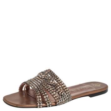 Pre Owned Gina Gold Leather Embellished Flat Sandals Size 38