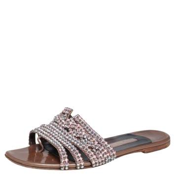 Pre Owned Gina Brown Leather Crystal Embellished Flats Size 37.5