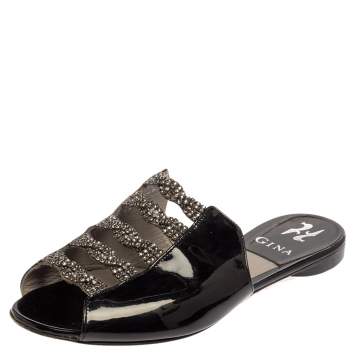 Pre Owned Gina Black Patent Leather Embellished Flats Size 38