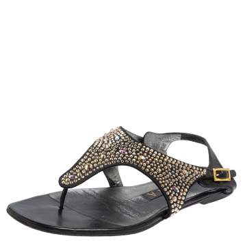 Pre Owned Gina Black Leather and Suede Crystal Embellished Thong Flat Sandals Size 37.5