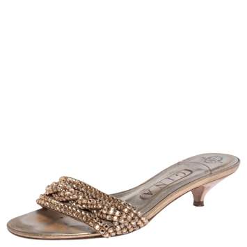 Pre Owned Gina Gold Leather Crystal Embellished Kitten Heel Slides Size 36.5