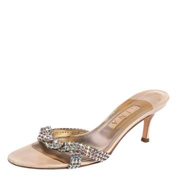 Pre Owned Gina Beige Leather Crystal Embellished Open Toe Sandals Size 40