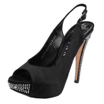 Pre Owned Gina Black Satin Open Toe Platform Slingback Sandals Size 38.5