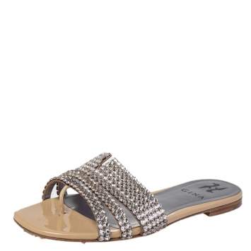 Pre Owned Gina Beige Patent Leather Loren Crystal Embellished Flat Sandals Size 37.5