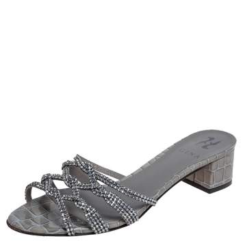 Pre Owned Gina Pale Green Croc Embossed Patent Leather Crystal Embellished Rodeo Block Heel Slides Size 40.5