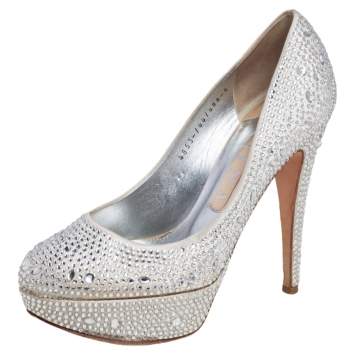 Pre Owned Gina Silver Satin Crystal Embellished Platform Pumps Size 38