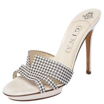 Pre Owned Gina White Embellished Leather Slide Sandals Size 40