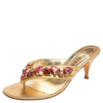 Pre Owned Gina Gold Leather Crystal Embellished Slide Sandals Size 39.5