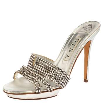 Pre Owned Gina Silver Leather Crystal Embellished Platform Slide Sandals Size 39.5