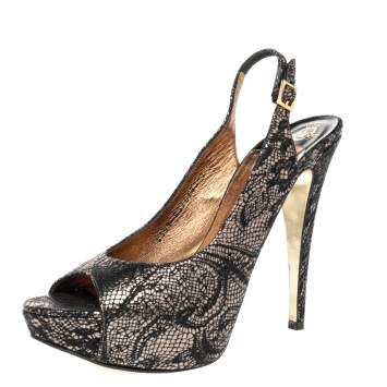 Pre Owned Gina Black Lace Peep Toe Slingback Pumps Size 40